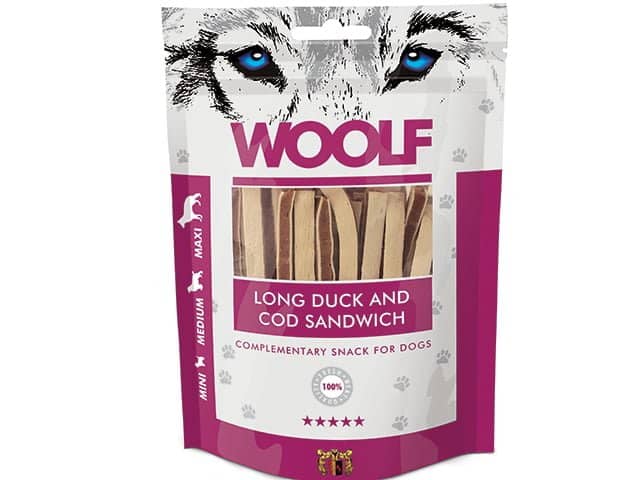 Woolf Naturlige godbidder - Lange Sandwich m. And & Torsk - 100g