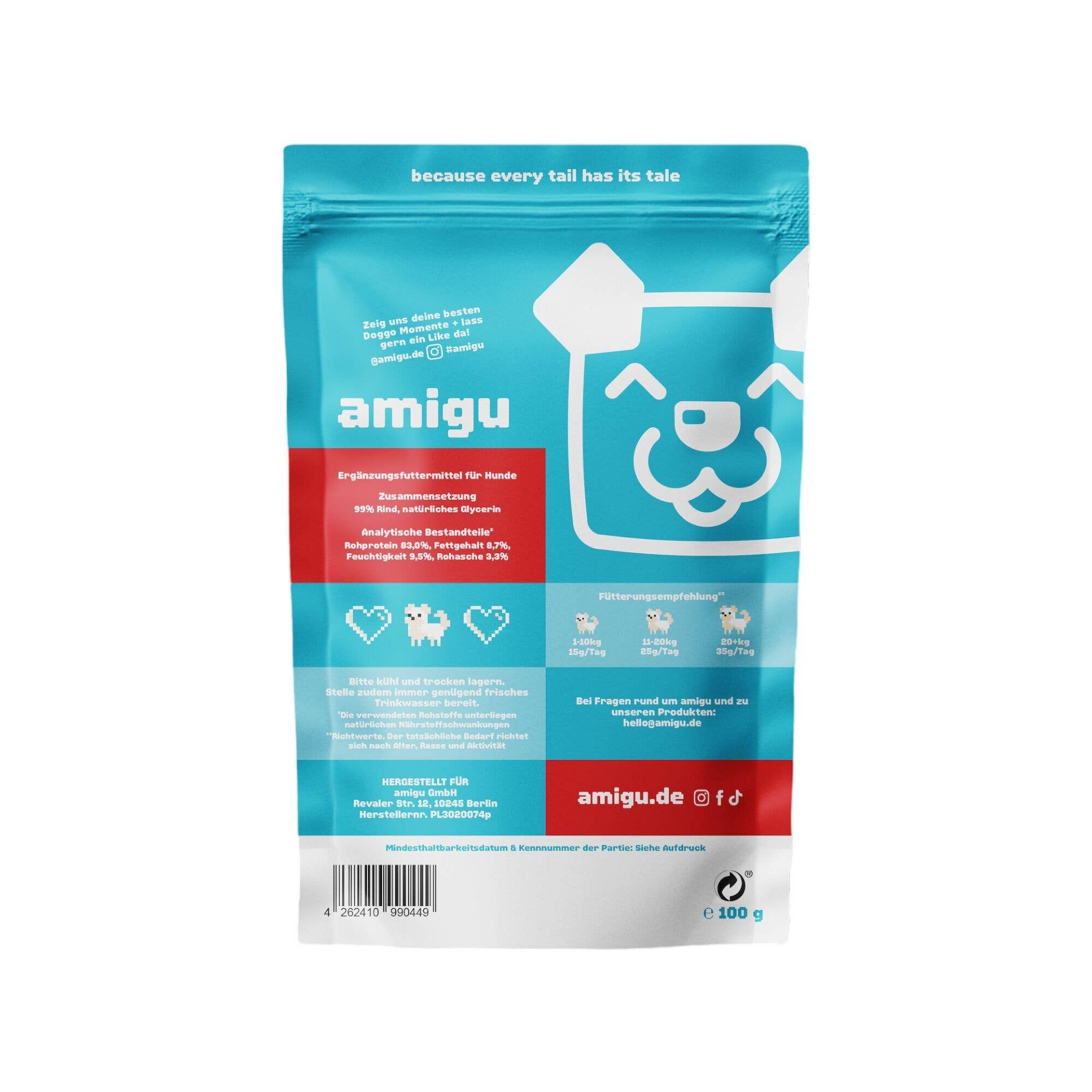 Amigu - Kødstrimler m. Okse - 100g.