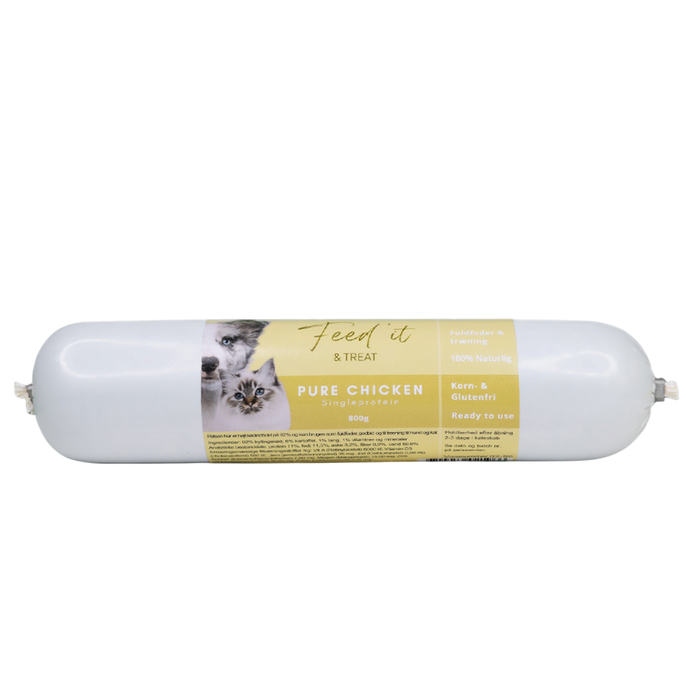 Vovseland Feed'it foderpølse med 92% kylling til hunde og katte i 800g emballage med lys gul etiket.