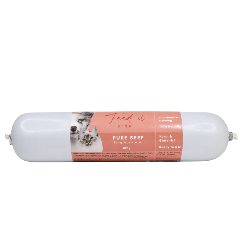 Vovseland Feed'it foderpølse med oksekød til hund og kat, 800g naturlig og kornfri godbid eller fuldfoder