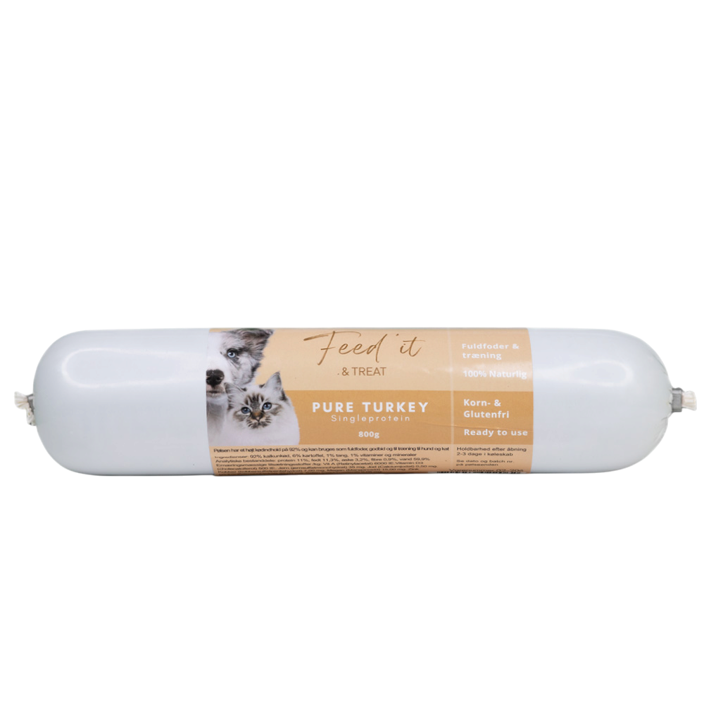 Vovseland Feed'it foderpølse med kalkun til hund og kat, 800g naturligt fuldfoder med 92% kød og monoprotein.