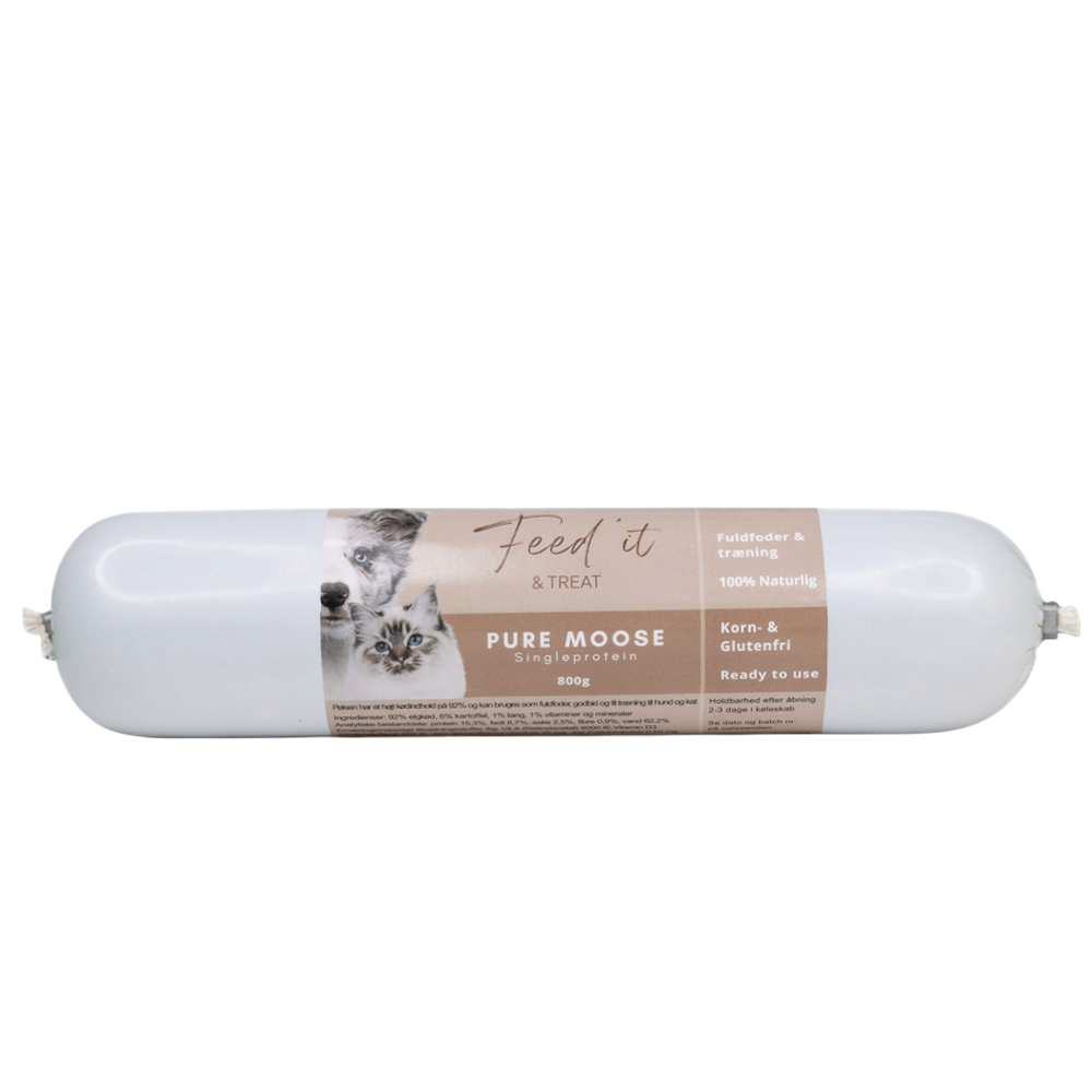 Vovseland Feed'it foderpølse med 92% elgkød til hund og kat, korn- og glutenfri monoprotein-foder i 800g rulle.