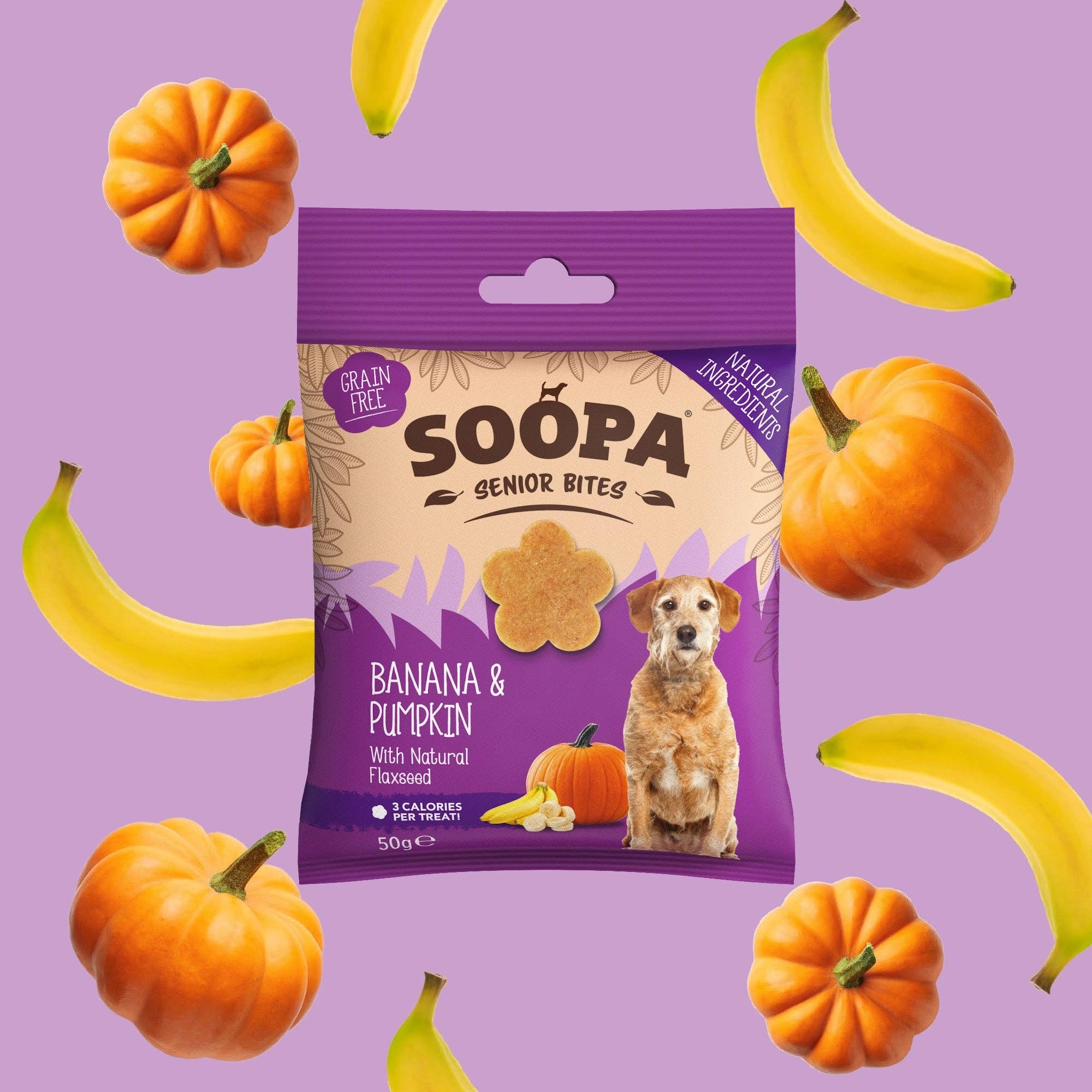 Soopa - Godbidder m. Banan, Græskar & Hørfrø (Senior) - 50g