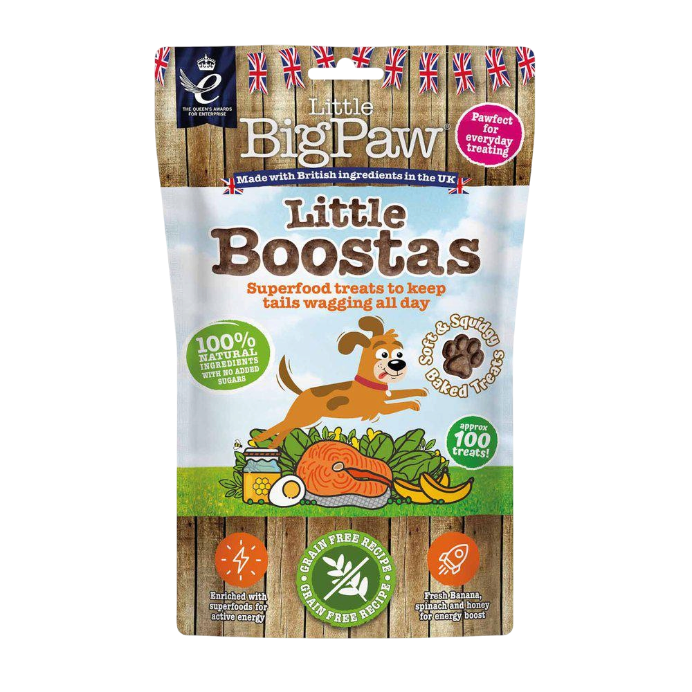Vovseland Little Big Paw Little Boostas laks hundegodbidder i pose med naturlige ingredienser og superfoods