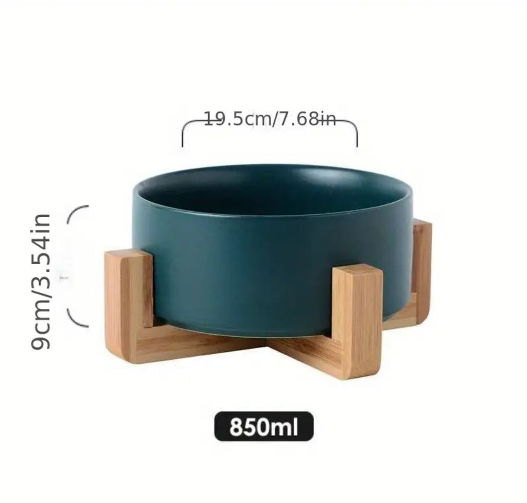 Keramisk hundeskål m. træopsats 850ml. - Hvid