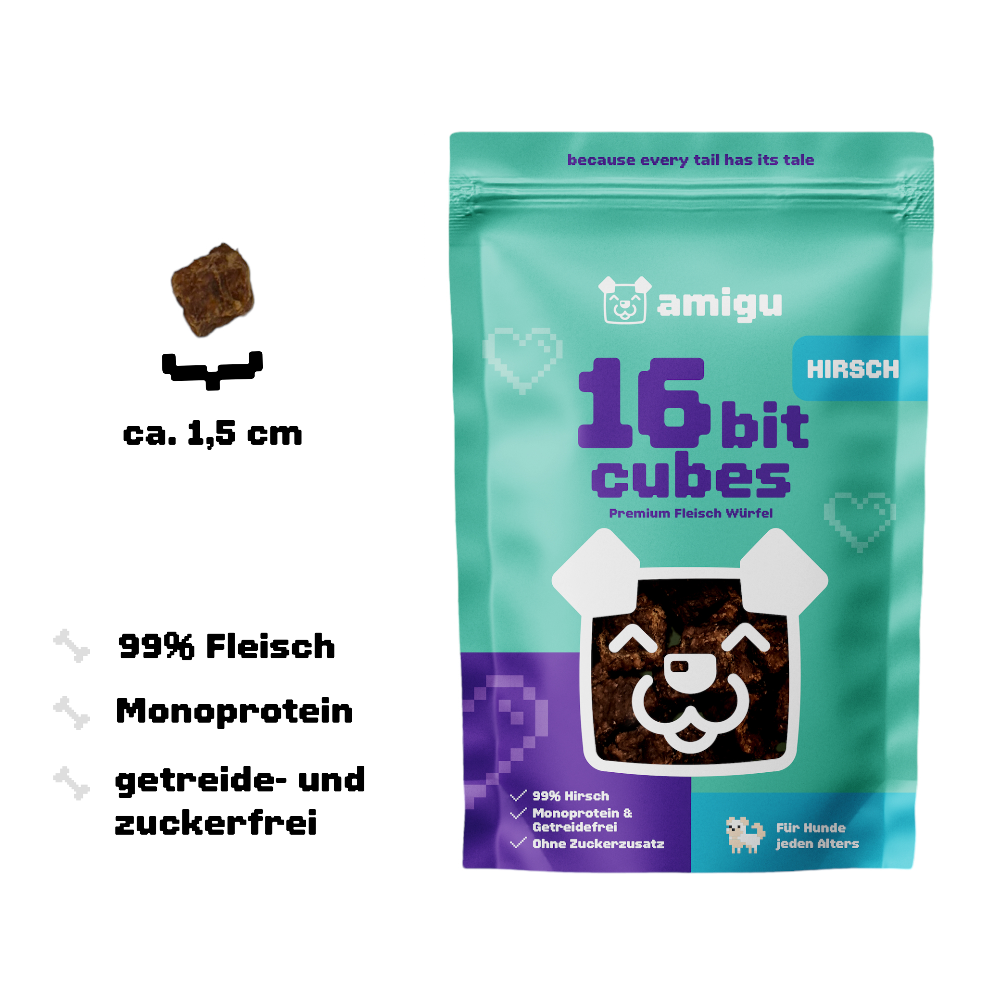 Amigu - Store kødterninger - Hjort - 100g.