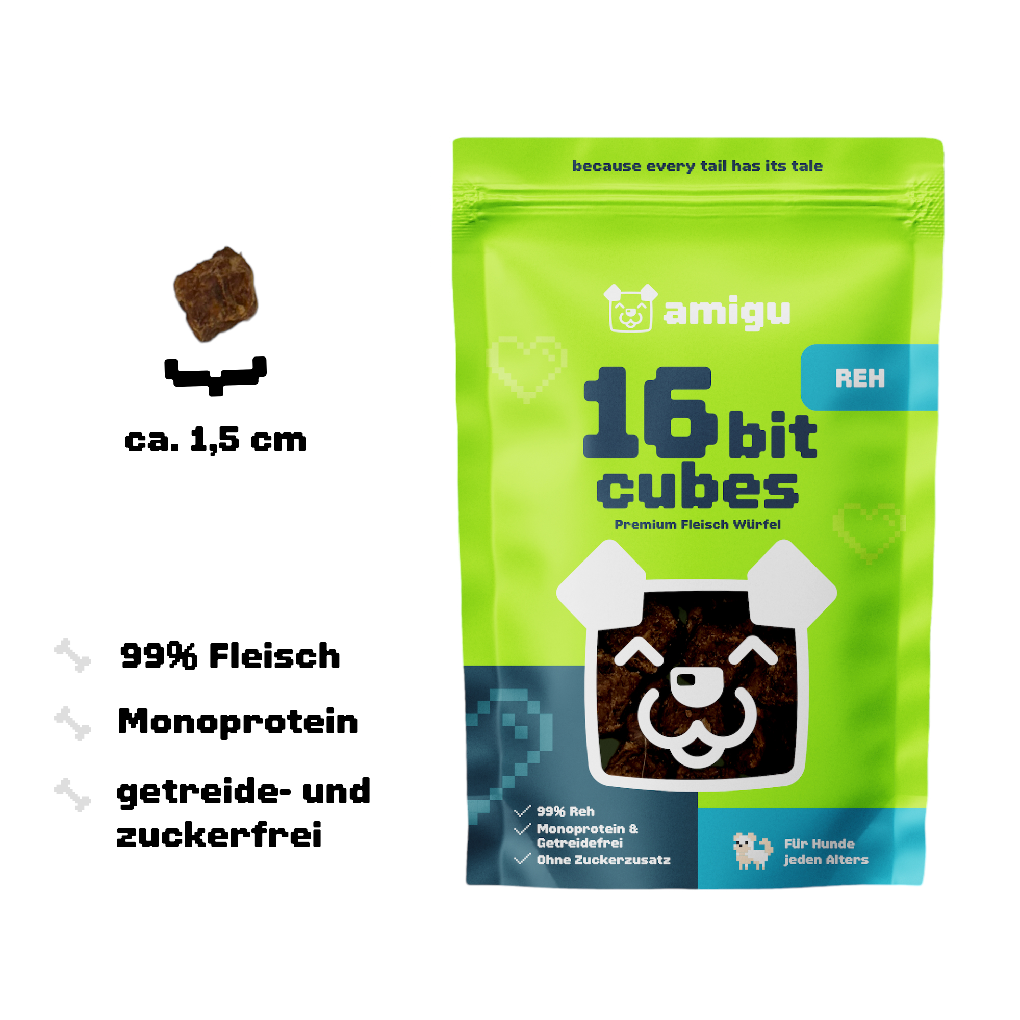 Amigu - Store kødterninger - Hjort - 100g.