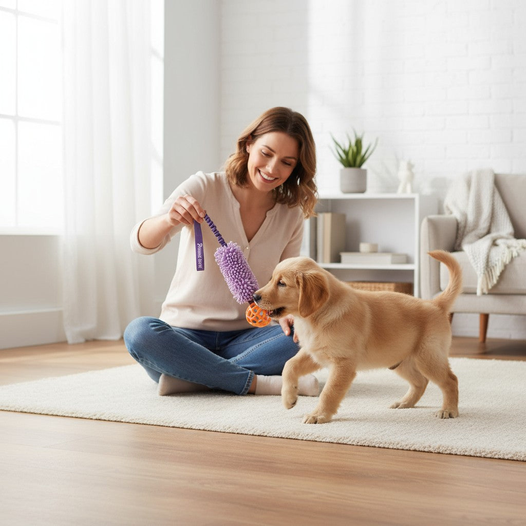 Elastisk trækkelegetøj m. bold - Lilla/Orange