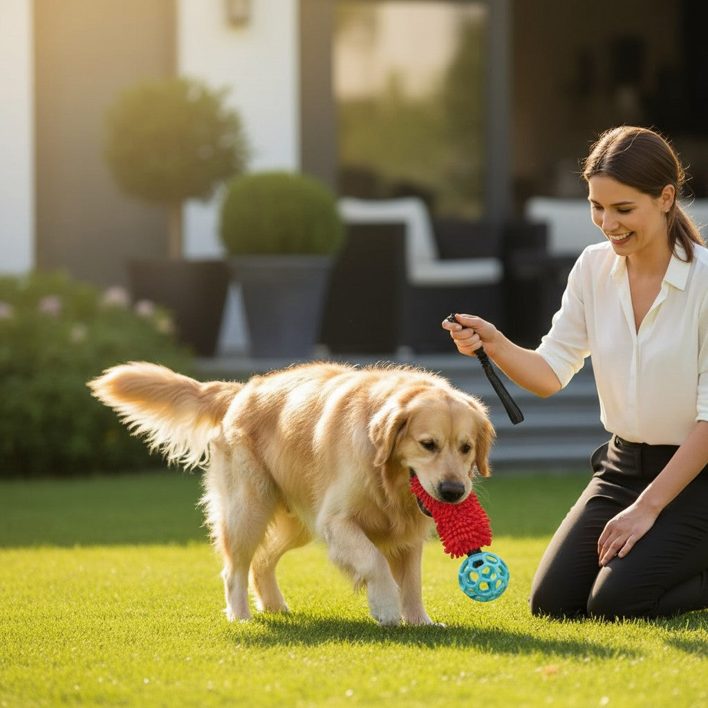 Elastisk træklegetøj m. bold - Rød/Blå