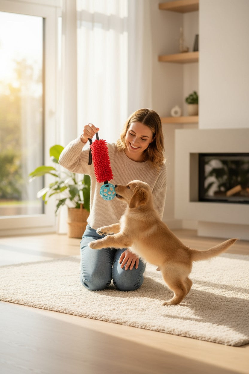 Elastisk træklegetøj m. bold - Rød/Blå