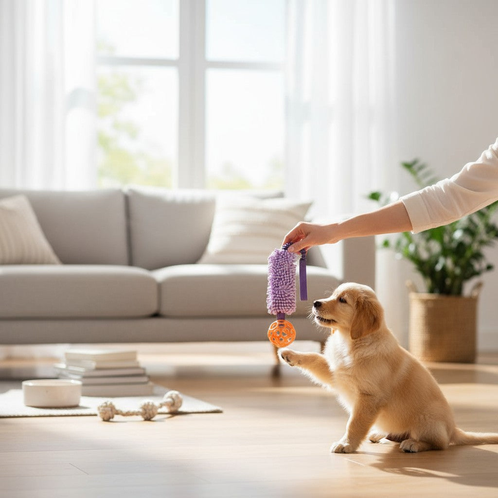 Elastisk trækkelegetøj m. bold - Lilla/Orange