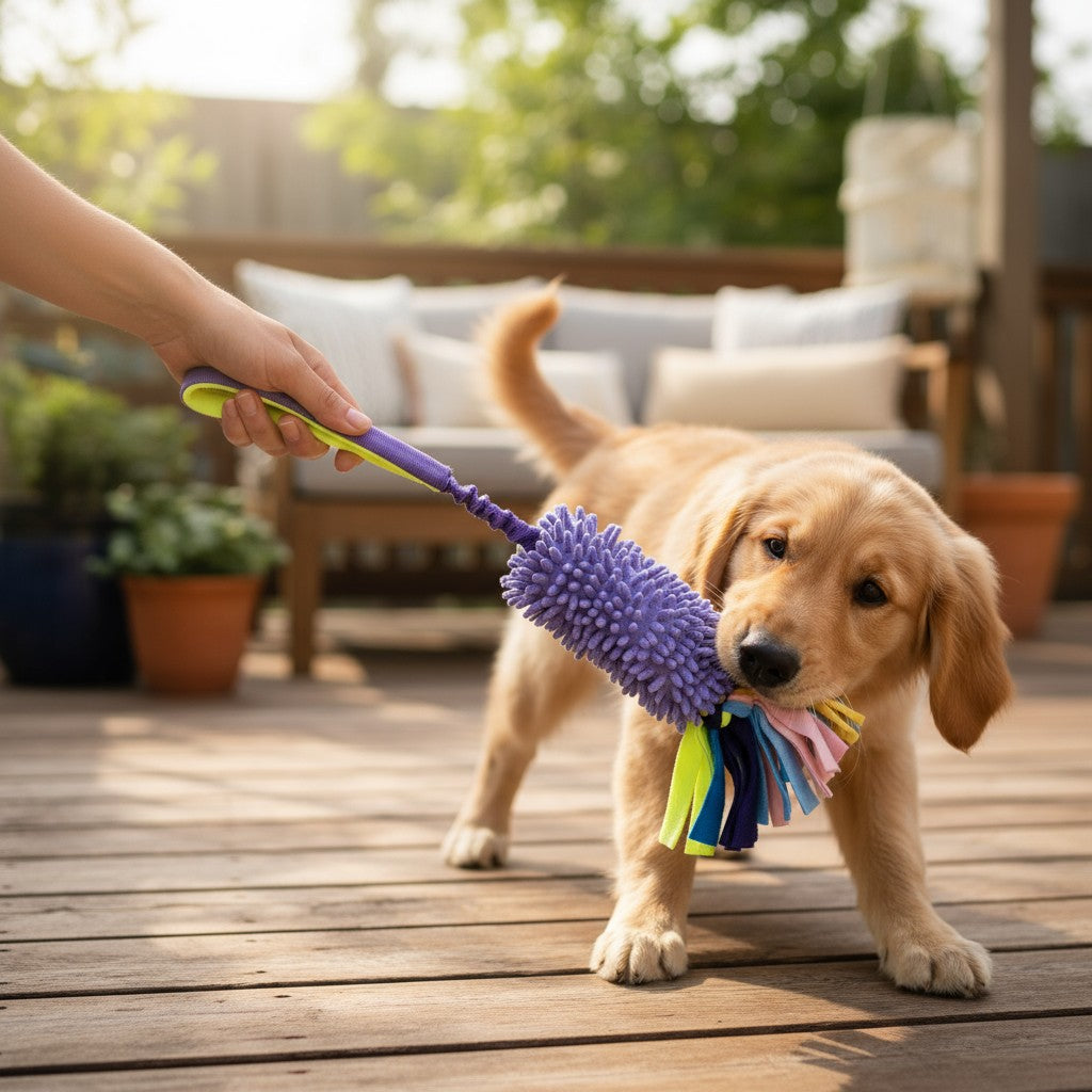 Elastisk træklegetøj m. frynser - Lilla/Grøn