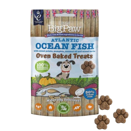 Vovseland Little Big Paw kornfri hundegodbidder med fisk formet som poter i en pose med naturlige ingredienser
