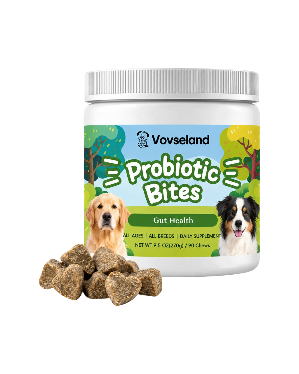 Vovseland Probiotic Bites kosttilskud til hunde i hvid beholder med hjerteformede tyggebidder foran.