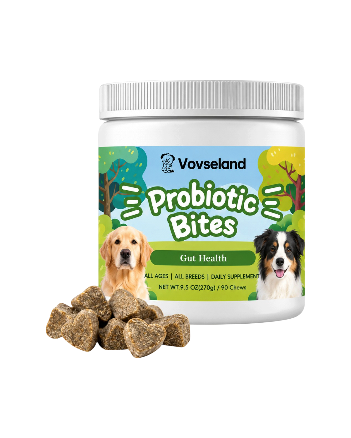 Vovseland Probiotic Bites kosttilskud til hunde i hvid beholder med hjerteformede tyggebidder foran.
