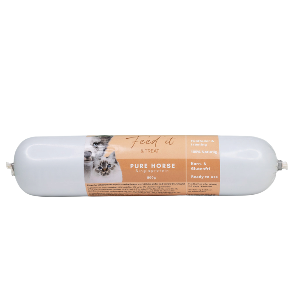 Vovseland Feed'it foderpølse med hestekød til hund og kat, 800g korn- og glutenfrit fuldfoder eller godbid.