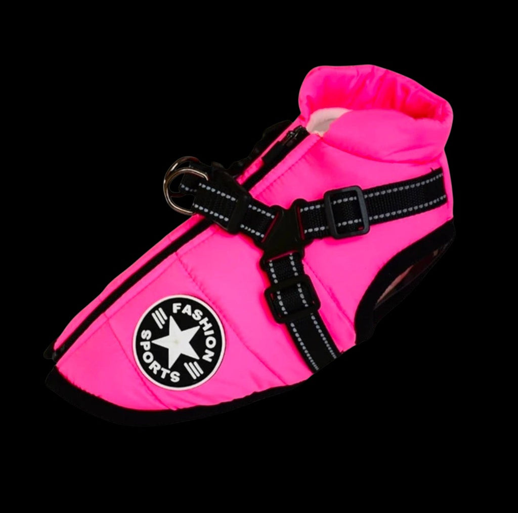 Vovseland pink hundejakke med indbygget sele, lynlås og varmt fleecefor til kolde gåture.