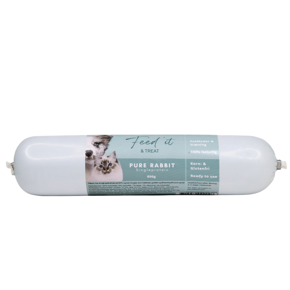 Vovseland Feed'it foderpølse med 92% kaninkød til hund og kat, 800g, korn- og glutenfri, velegnet til træning.