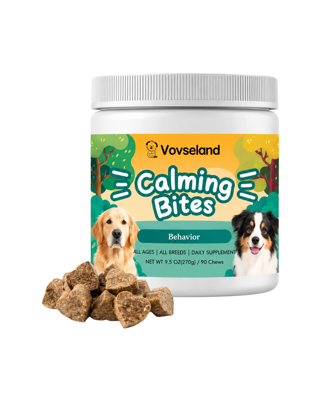 Vovseland Calming Bites tilskud til hunde i hvid bøtte med hjerteformede godbidder og illustration af to hunde.