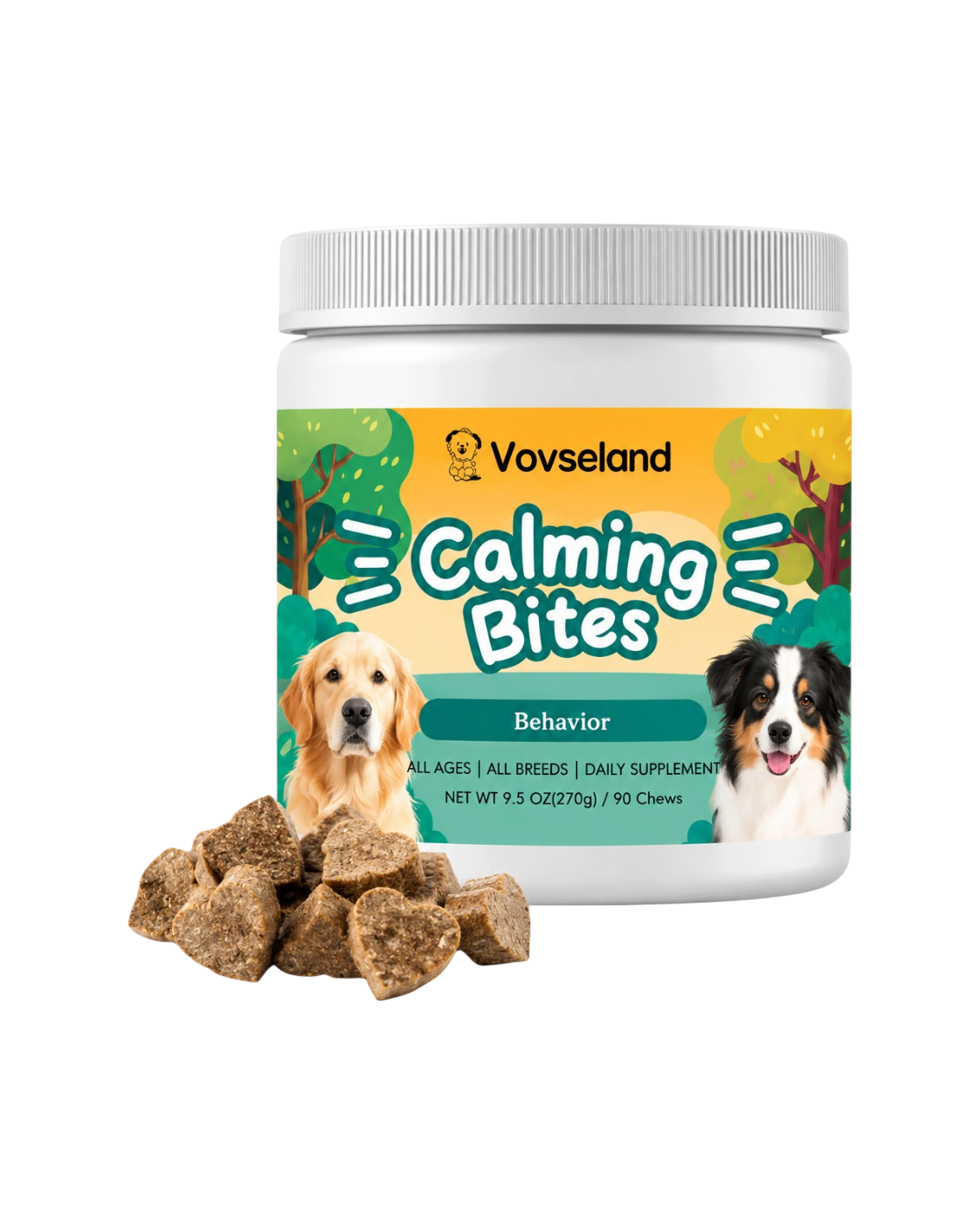 Vovseland Calming Bites tilskud til hunde i hvid bøtte med hjerteformede godbidder og illustration af to hunde.