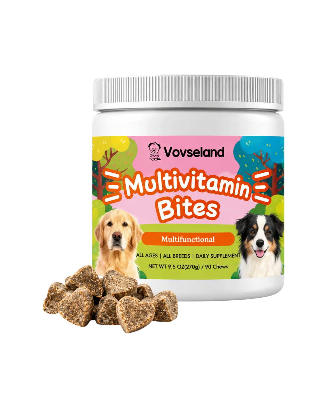 Vovseland Multivitamin Bites til hunde i en hvid bøtte med hjerteformede tyggebidder foran og illustrationer af hunde.