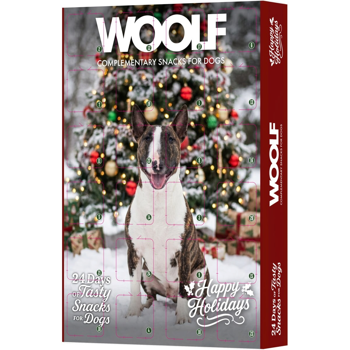 Vovseland Woolf dog advent calendar with a Bull Terrier photo in front of a decorated Christmas tree