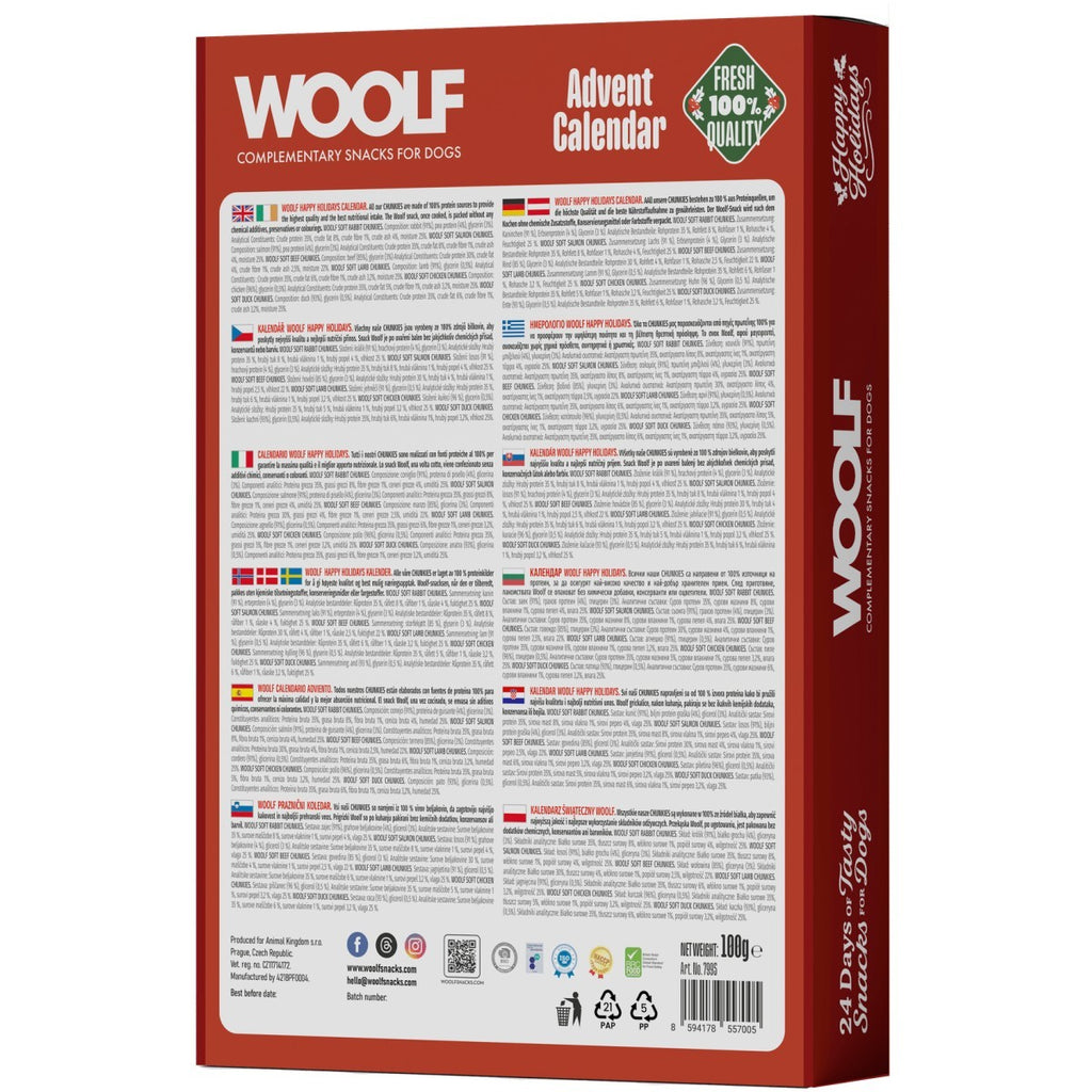 Vovseland Woolf advent calendar for dogs featuring 24 days of natural meat and seafood snacks for Christmas