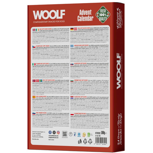 Vovseland Woolf advent calendar for dogs featuring 24 days of natural meat and seafood snacks for Christmas